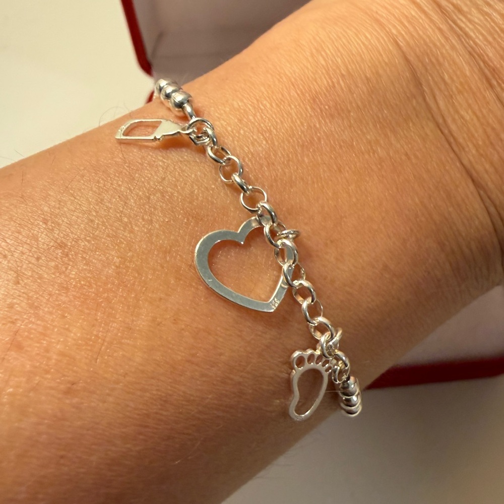 Peruvian Silver BabyBottle Footprint HeartCharm Adjustable Bolo Bracelet-NWOT